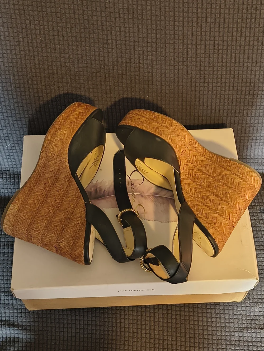 Jessica Simpson Black Leather Wedge Sandals with Braided Brown Platform